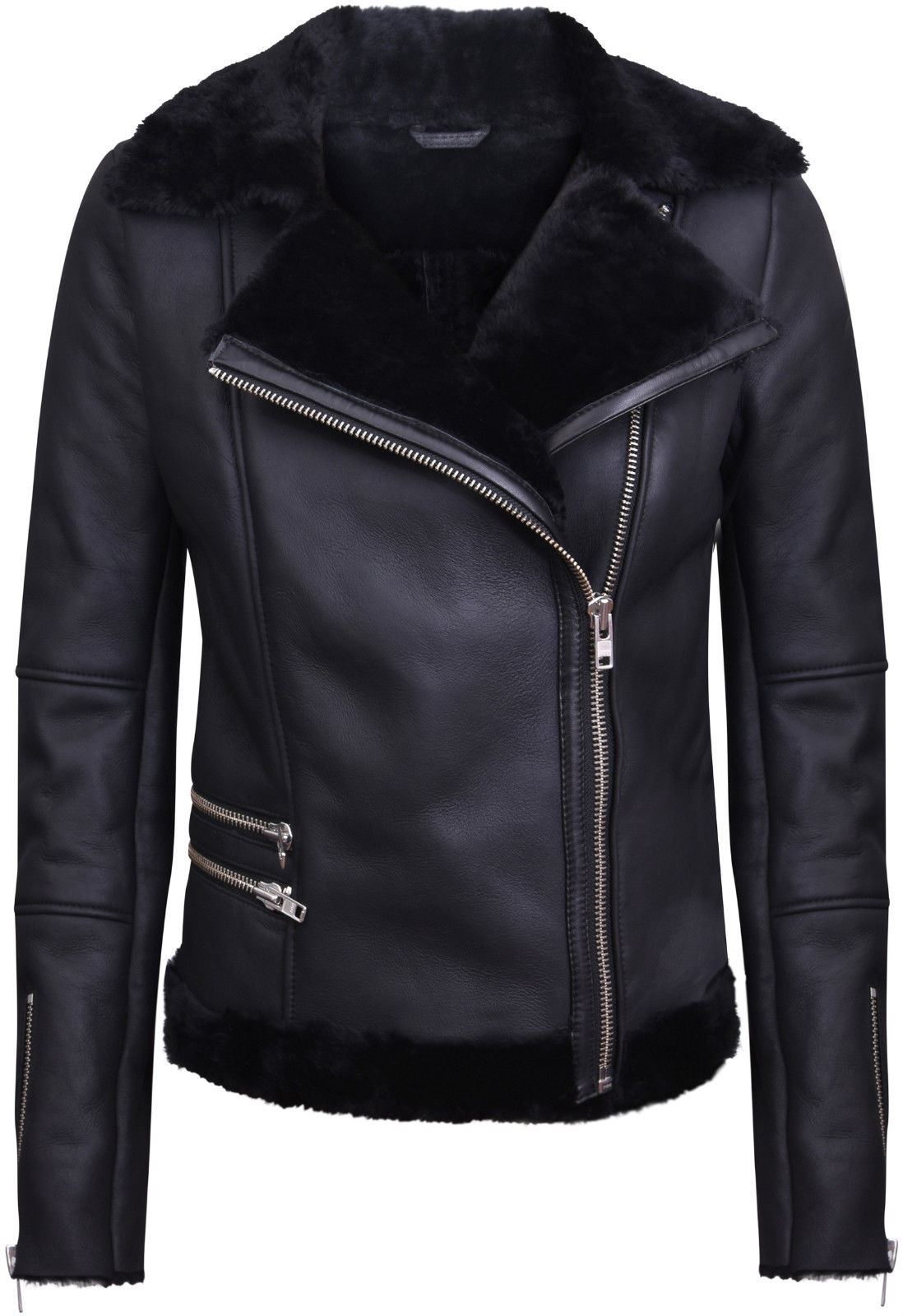 Womens Shearling Sheepskin Black Aviator Jacket-Patchway