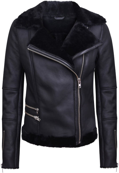 Womens Shearling Sheepskin Black Aviator Jacket-Patchway