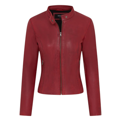 Womens Leather Stand Collar Racer Biker Jacket - 181