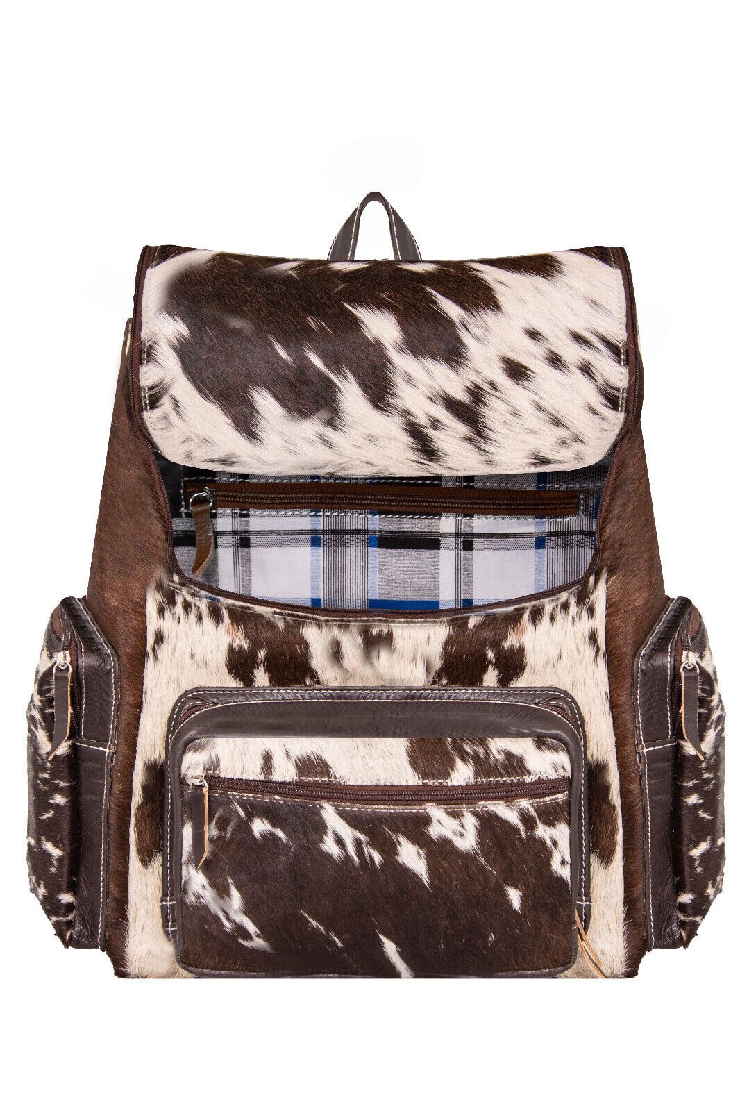 Deluxe Brown Leather Backpack Bag Genuine Cowhide &amp; Cow Fur Travel Rucksack - Upperclass Fashions 