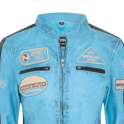Womens Biker Racing Badges Leather Jacket-Eastleigh