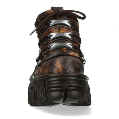 New Rock M-106-C194 Brown Flame Leather Gothic Ankle Platform Boots