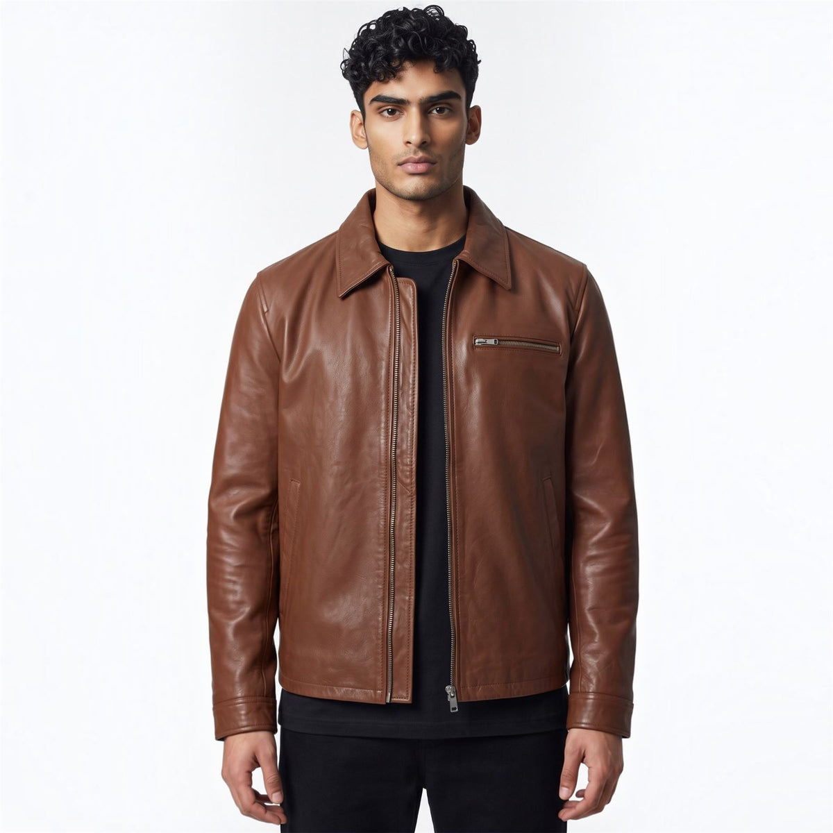 Mens Leather Harrington Collar Biker Jacket - Arick