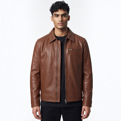 Mens Leather Harrington Collar Biker Jacket - Arick