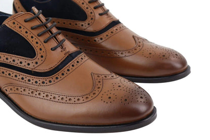 Mens Retro Oxford Navy Suede Brogue Shoes in Tan Leather - Upperclass Fashions 