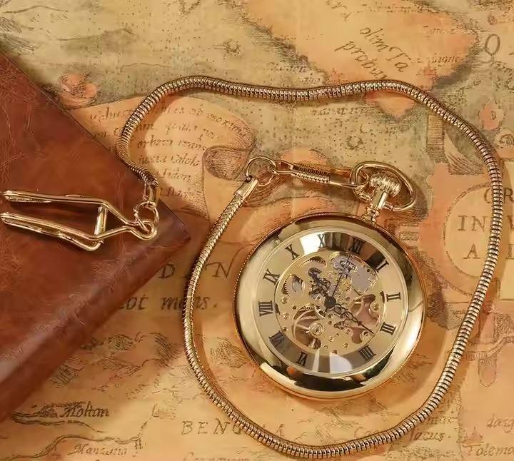 Mechanical Golden Skeleton Open-Face Chain Pocket Watch