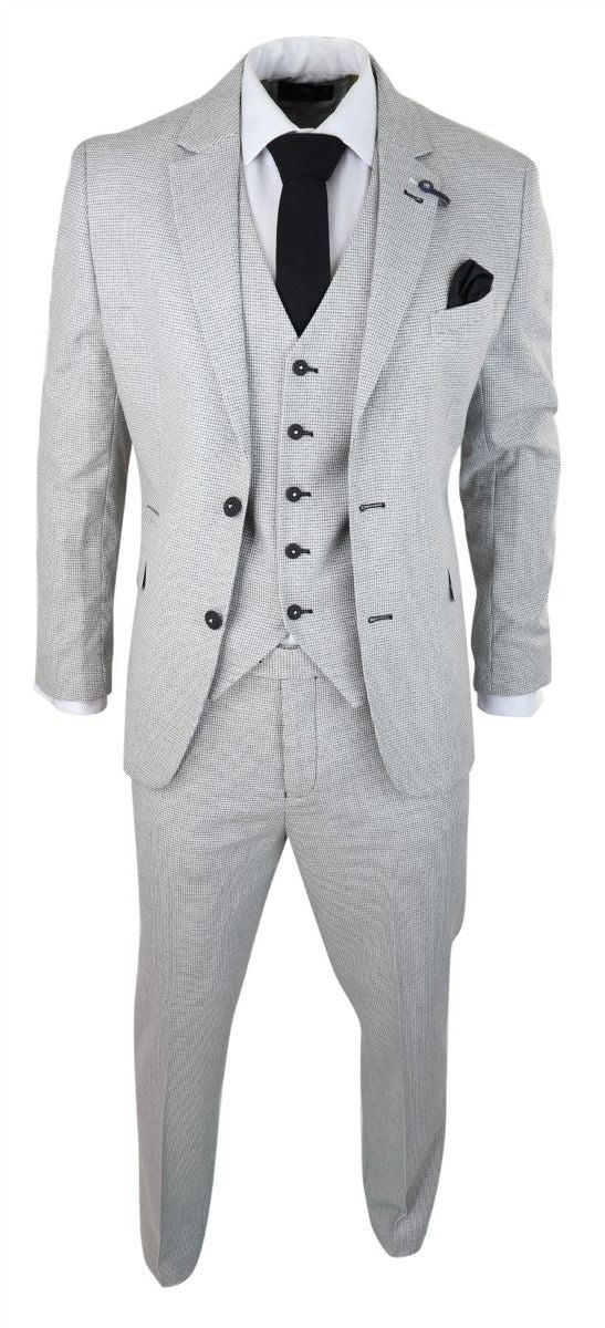 Mens 3 Piece Light Grey Check Tweed Retro Classic Suit - Upperclass Fashions 