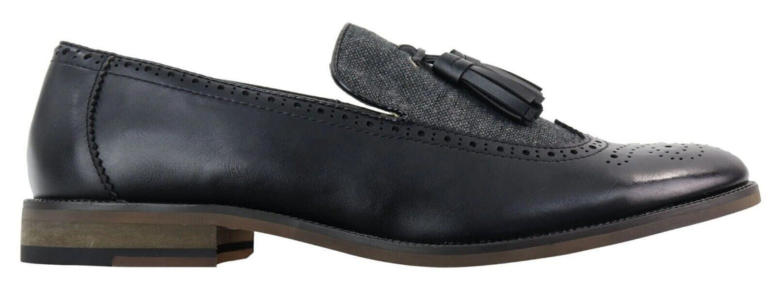 Mens Tasselled Black Leather Tweed Brogue Slip on Loafers - Upperclass Fashions 