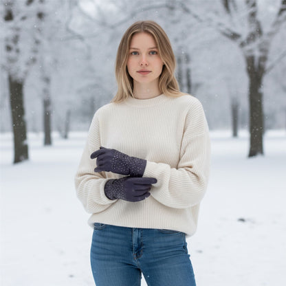 Womens Italian Leather Winter Studded Design Soft Wool Lining Gloves - L-GLV-601