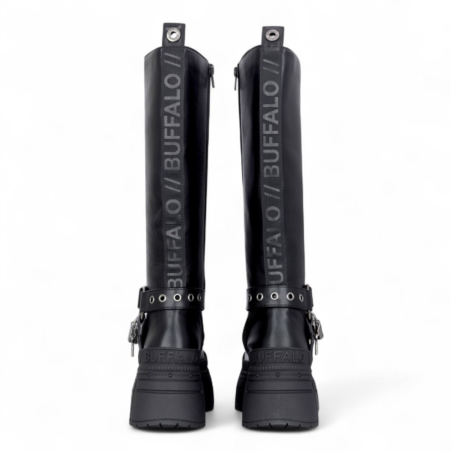 Buffalo Womens Biker Knee High Black Chunky Goth Platform Boots - Gospher Hi