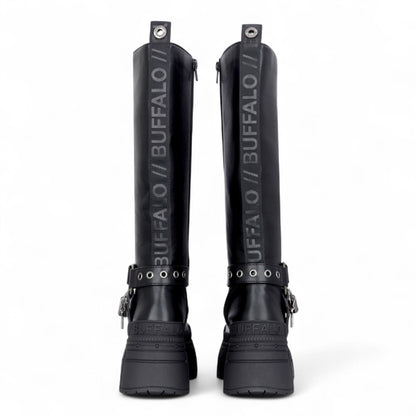 Buffalo Womens Biker Knee High Black Chunky Goth Platform Boots - Gospher Hi