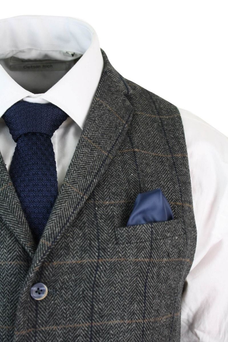 Mens 3 Piece Charcoal Grey Check Tweed Herringbone Vintage Classic Suit - Upperclass Fashions 