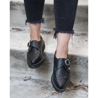 TUK Pointed Creeper Black Leather Monk Buckle Platform Shoes - A8520
