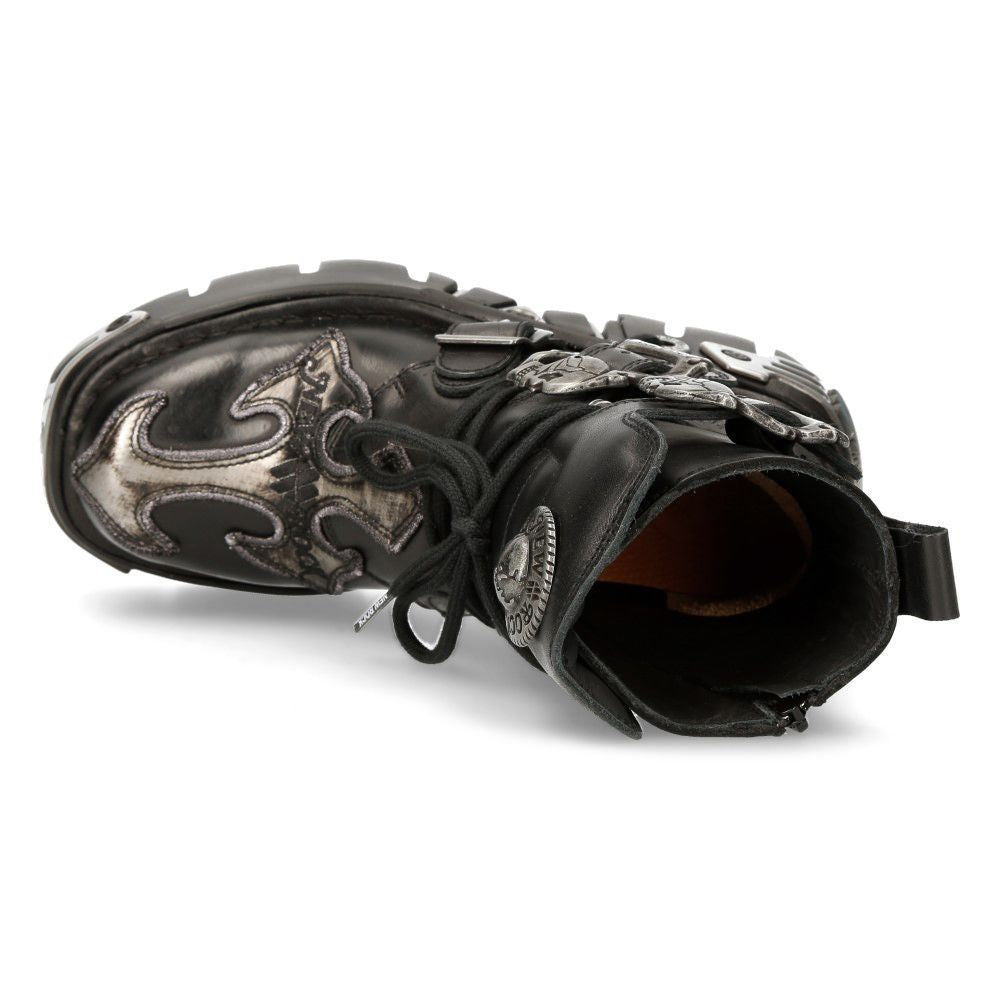 New Rock Silver Cross Black Leather Biker Boots-407-S1 - Upperclass Fashions 