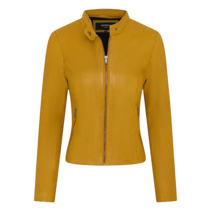 Womens Leather Stand Collar Racer Biker Jacket - 181