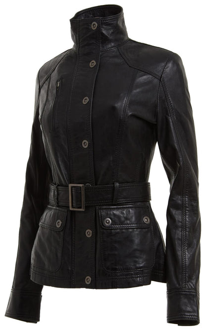 Womens Leather Military-Inspired Biker Jacket-Middleton