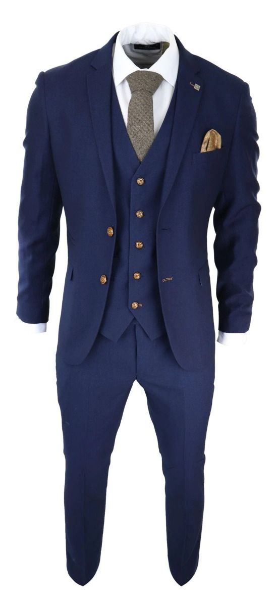 Mens 3 Piece Navy Blue Birdseye Classic Suit