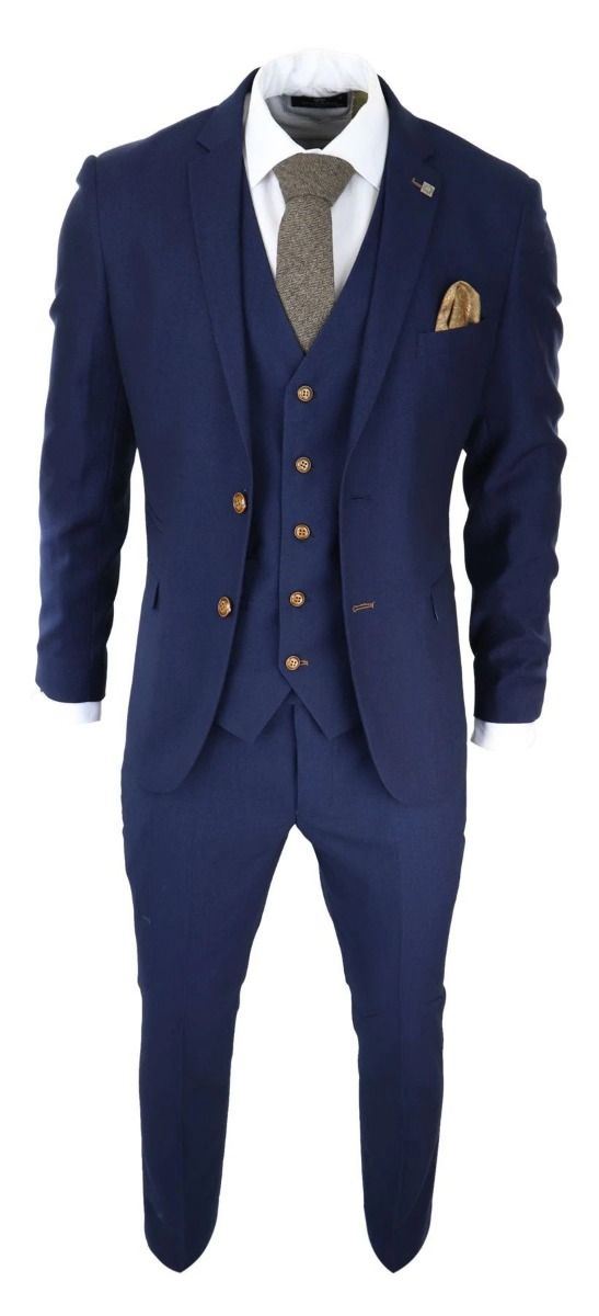 Mens 3 Piece Navy Blue Birdseye Classic Suit - Upperclass Fashions 