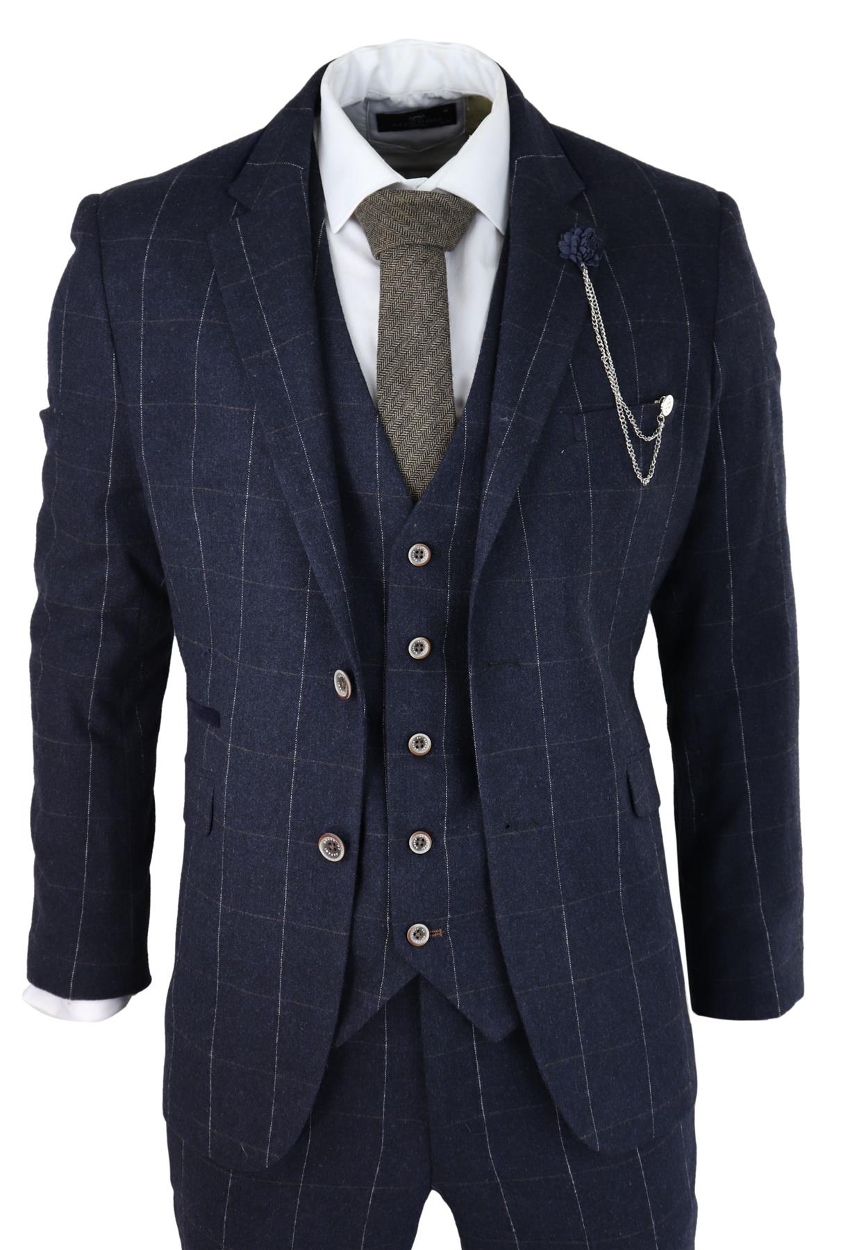 Mens 3 Piece Wool Suit Navy Blue Tweed Check Peaky Blinders 1920 Gatsby Formal - Upperclass Fashions 