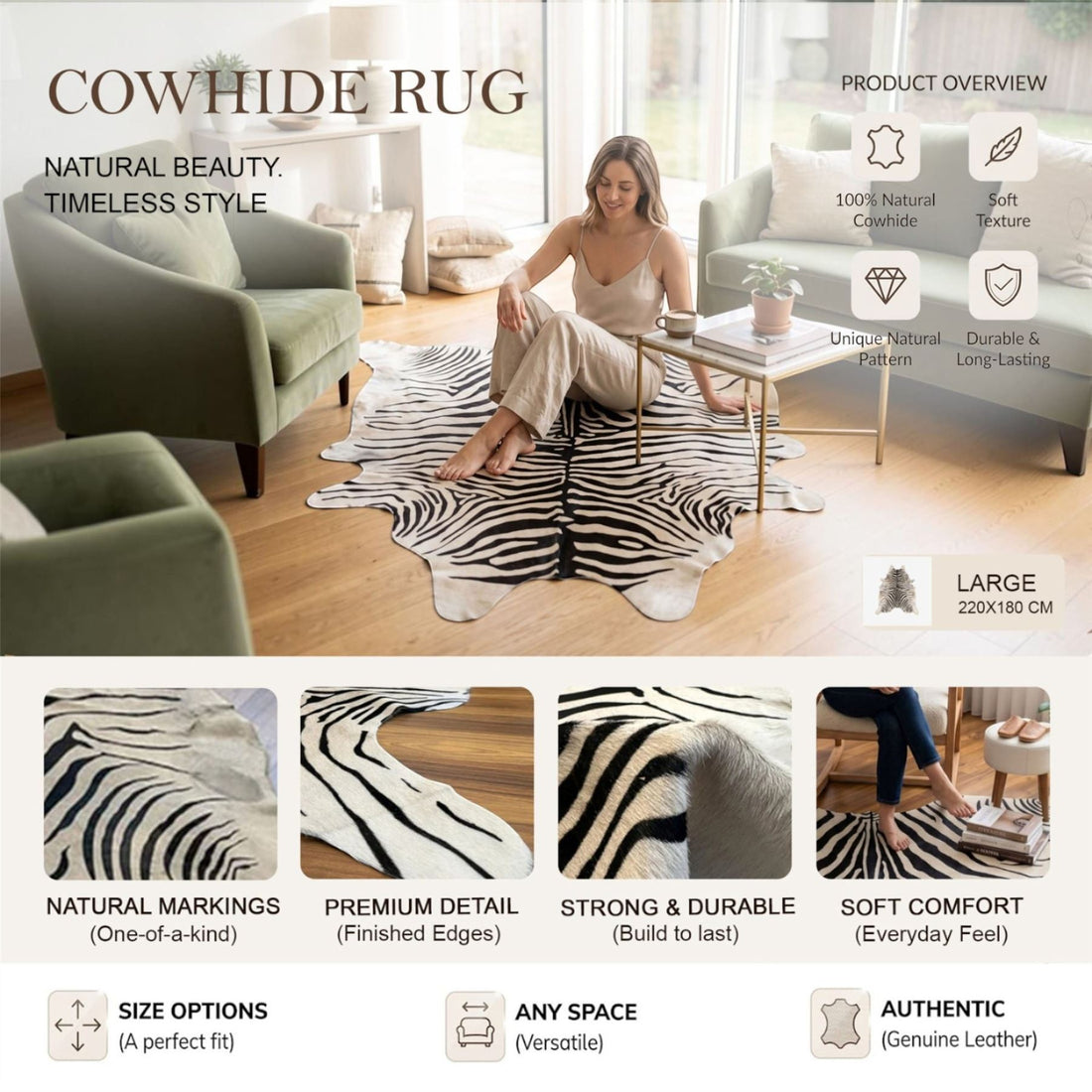 Natural Cow Real Leather Print Cowhide Hairon Rug - Zebra