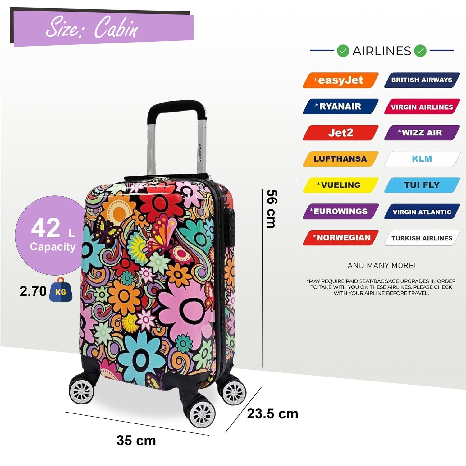 Hard Shell Printed Cabin Suitcase 35 x 23.5 x 56 cm Luggage Suitable for Easyjet, Ryanair, Wizzair