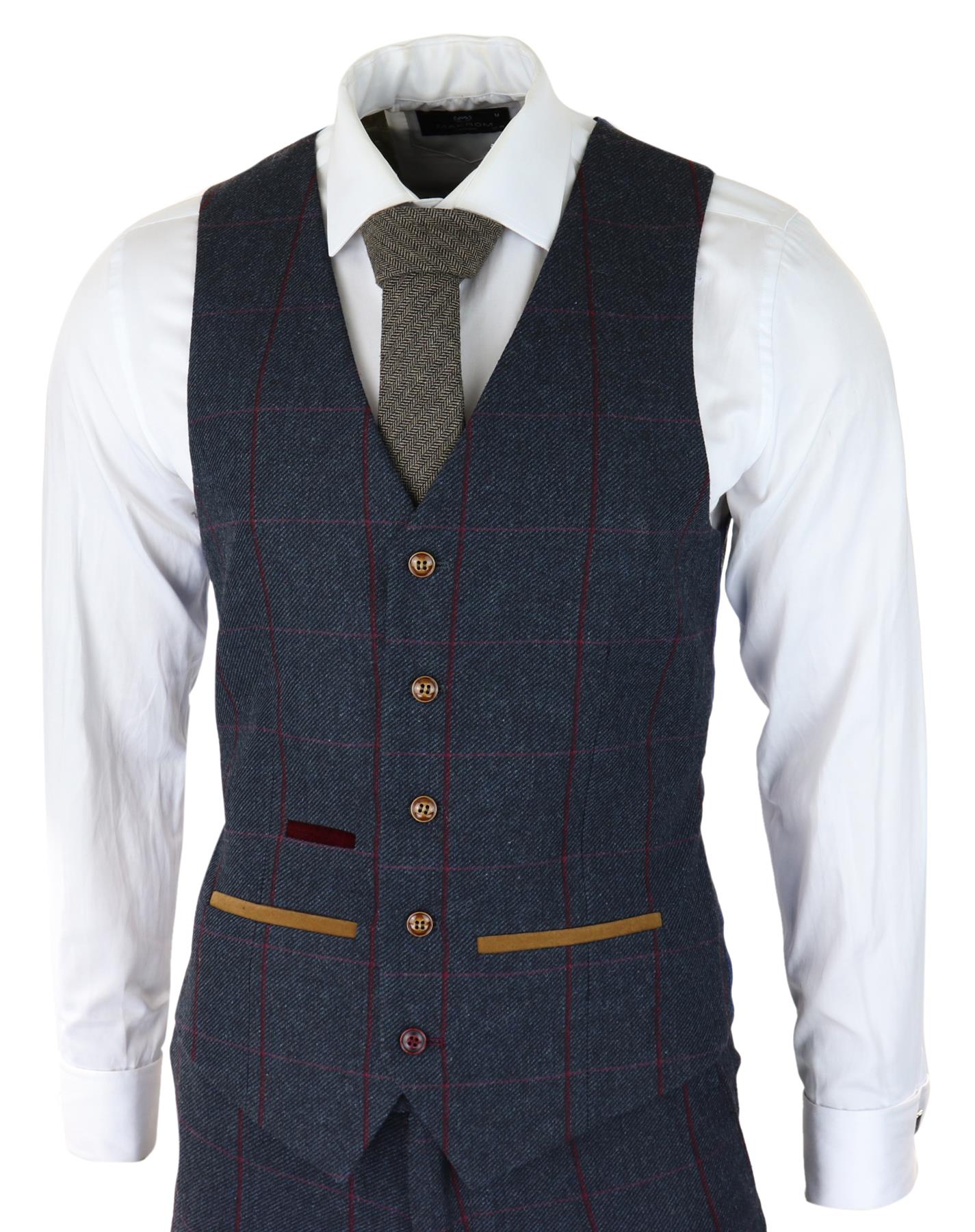 Mens Herringbone Tweed Suit 3 Piece Navy Blue Peaky Blinders 1920s Tailored Fit