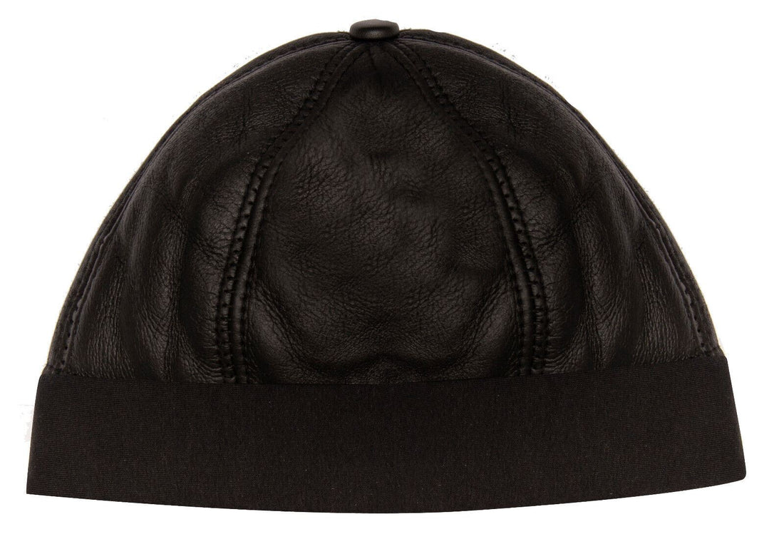 Mens Leather Black Beanie Hat 100% Sheepskin Winter 6 Panel Hat One size