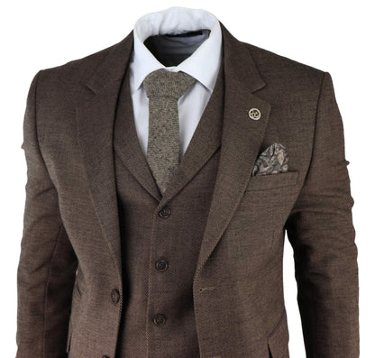 Mens Brown 3 Piece Tweed Herringbone Suit Peaky Blinders Classic Tailored - Upperclass Fashions 