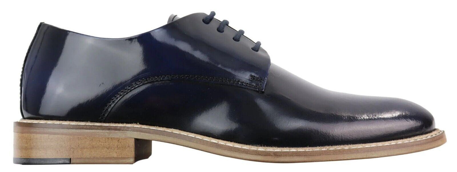 Mens Retro Oxford Brogue Derby Shoes in Navy Patent Leather