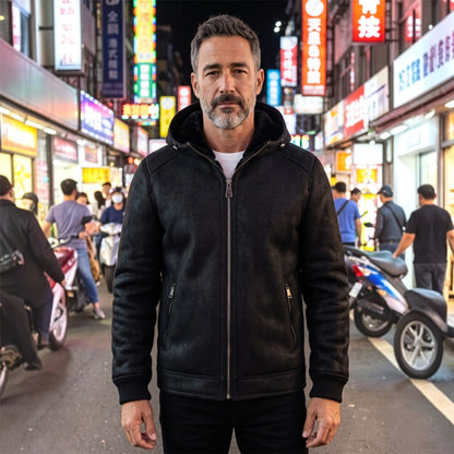 Mens Sheepksin Hooded Shearling Bomber Jacket - Benalla