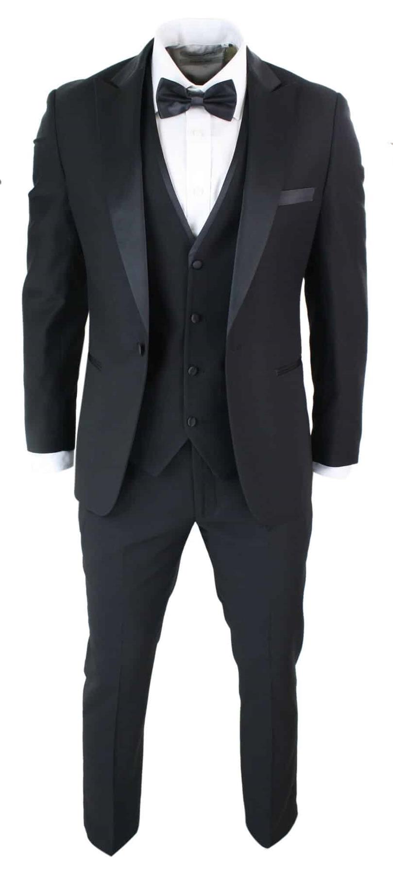 Mens 3 Piece Black Tuxedo Suit Classic Satin Dinner Tailored Fit Wedding Prom - Upperclass Fashions 