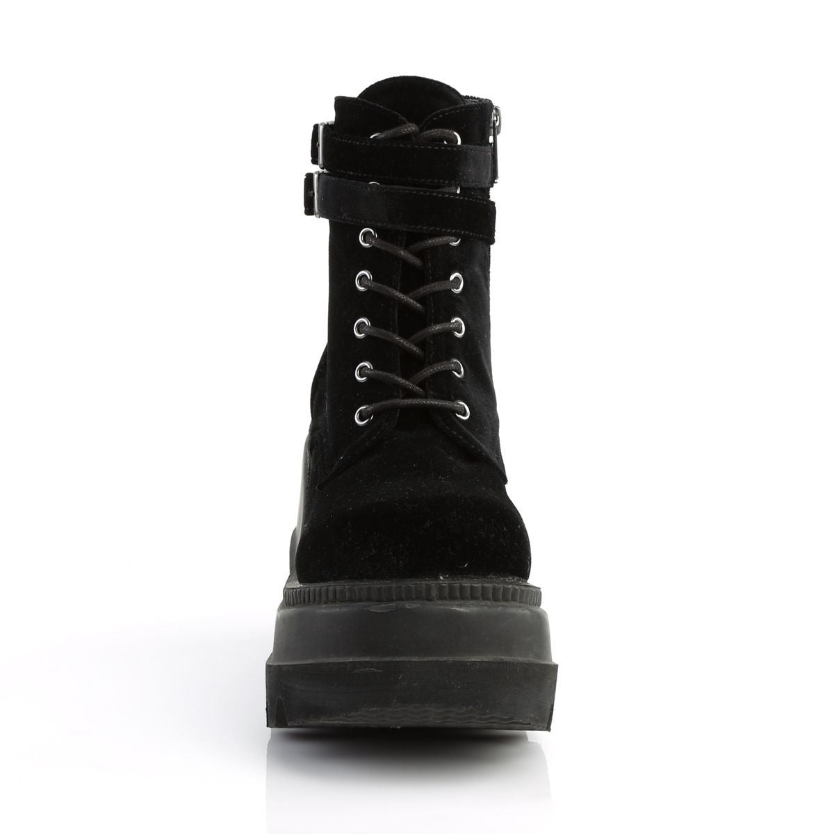 Demonia Shaker 52 Black Velvet Stacked Wedge Ankle Boots
