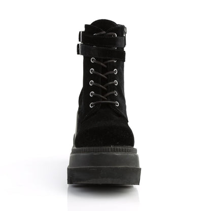 Demonia Shaker 52 Black Velvet Stacked Wedge Ankle Boots