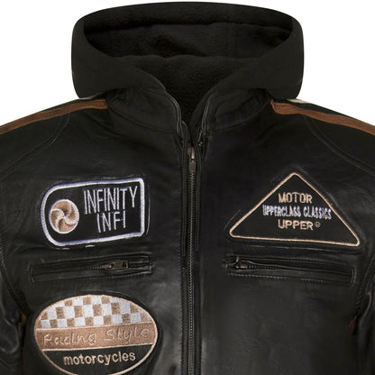 Mens Racing Hooded Leather Biker Jacket-Clovelly - Upperclass Fashions 