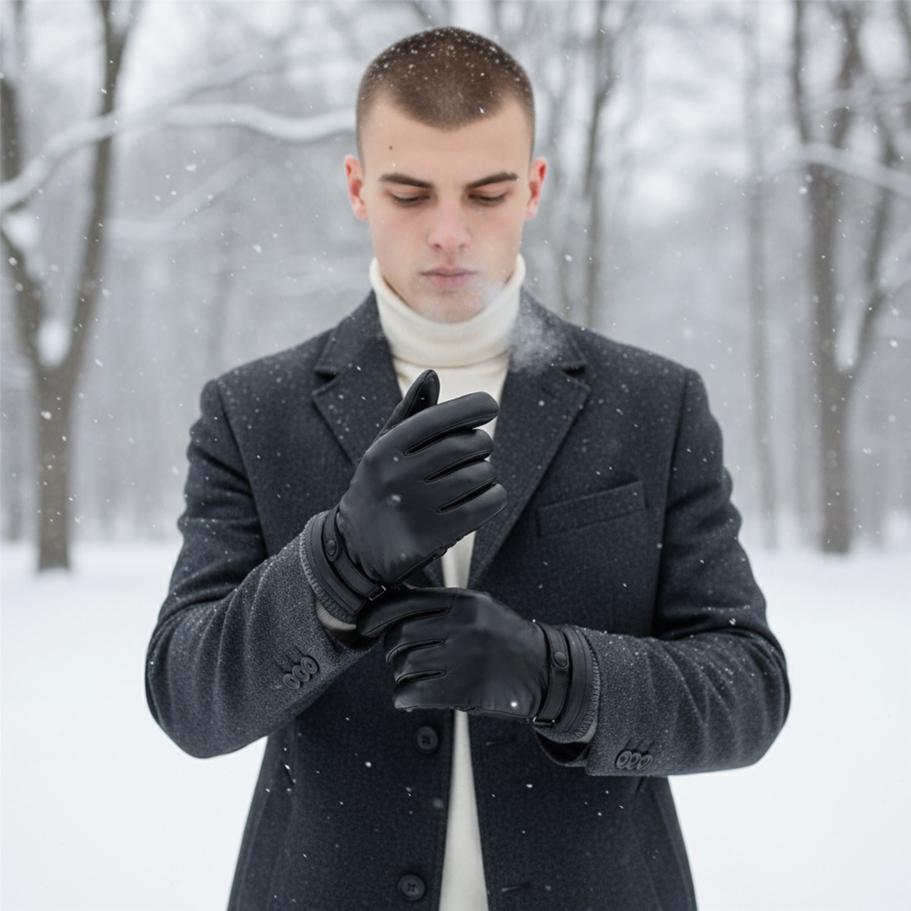 Men’s Italian Leather Warm Wool Lining Winter Knit Rib Gloves - M-LGV-105