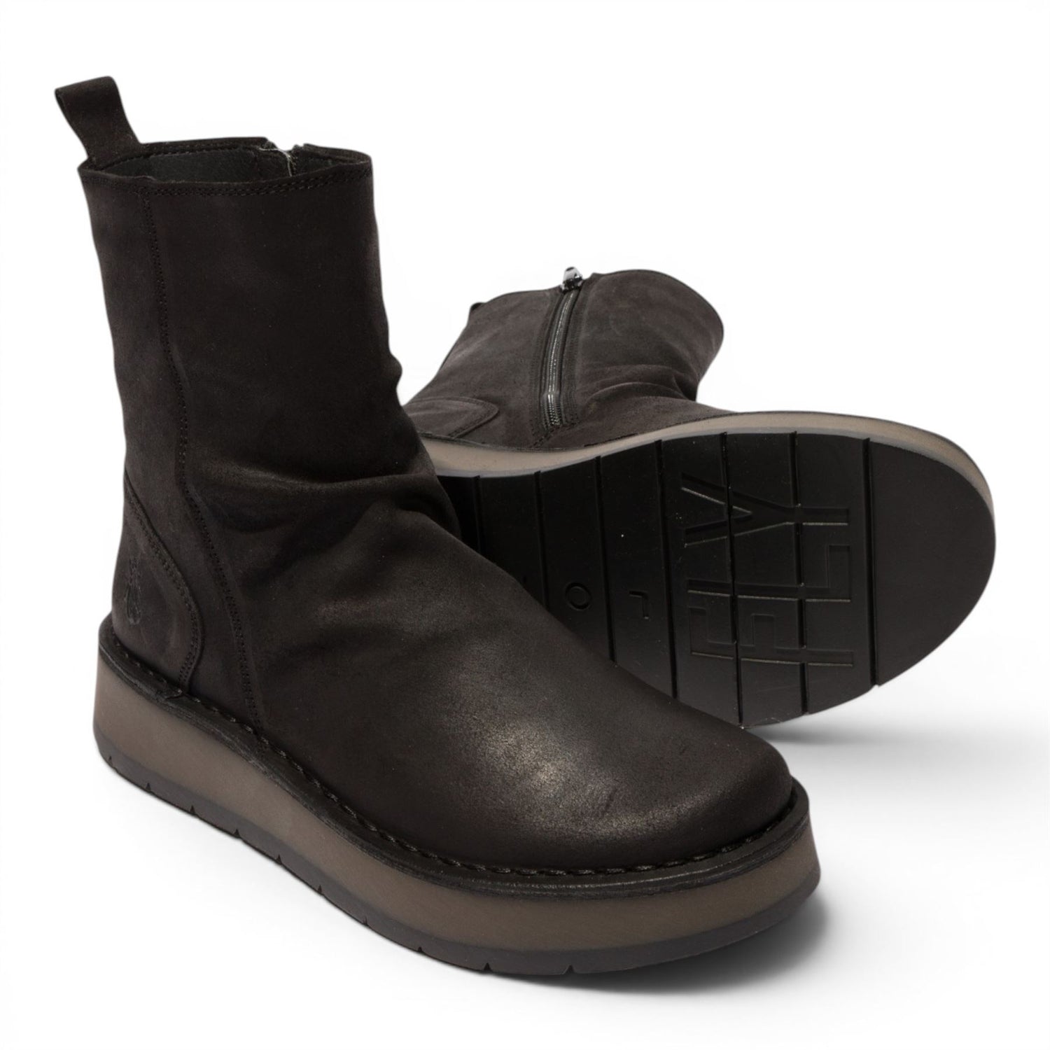 Fly London Womens Black Suede Leather Zip Up Platform Ankle Boots - RENO053FLY