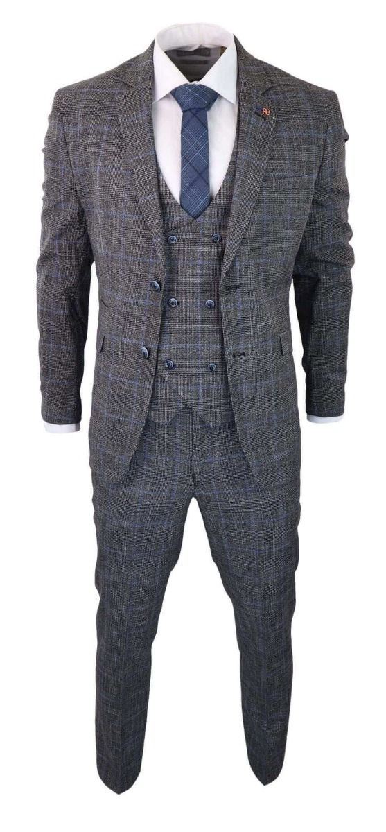 Mens 3 Piece Grey With Blue Check Tweed Vintage Classic Suit - Upperclass Fashions 