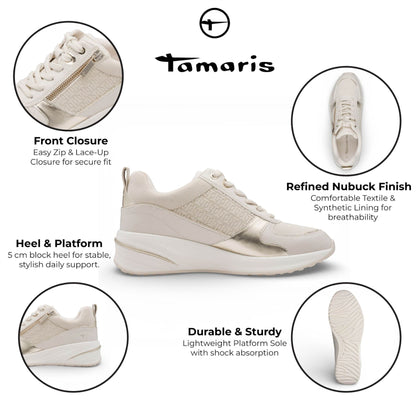 Tamaris Women’s White Gold Platform Trainers Sneaker Zip Lace-Up Running Shoes