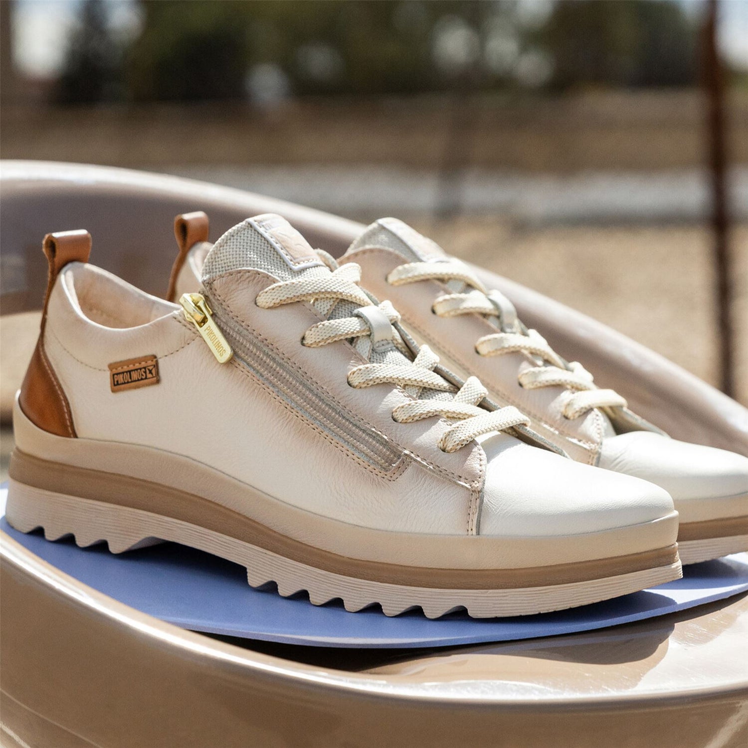 Pikolinos Women’s Nata White Leather Laces &amp; Zipper Trainers - Vigo