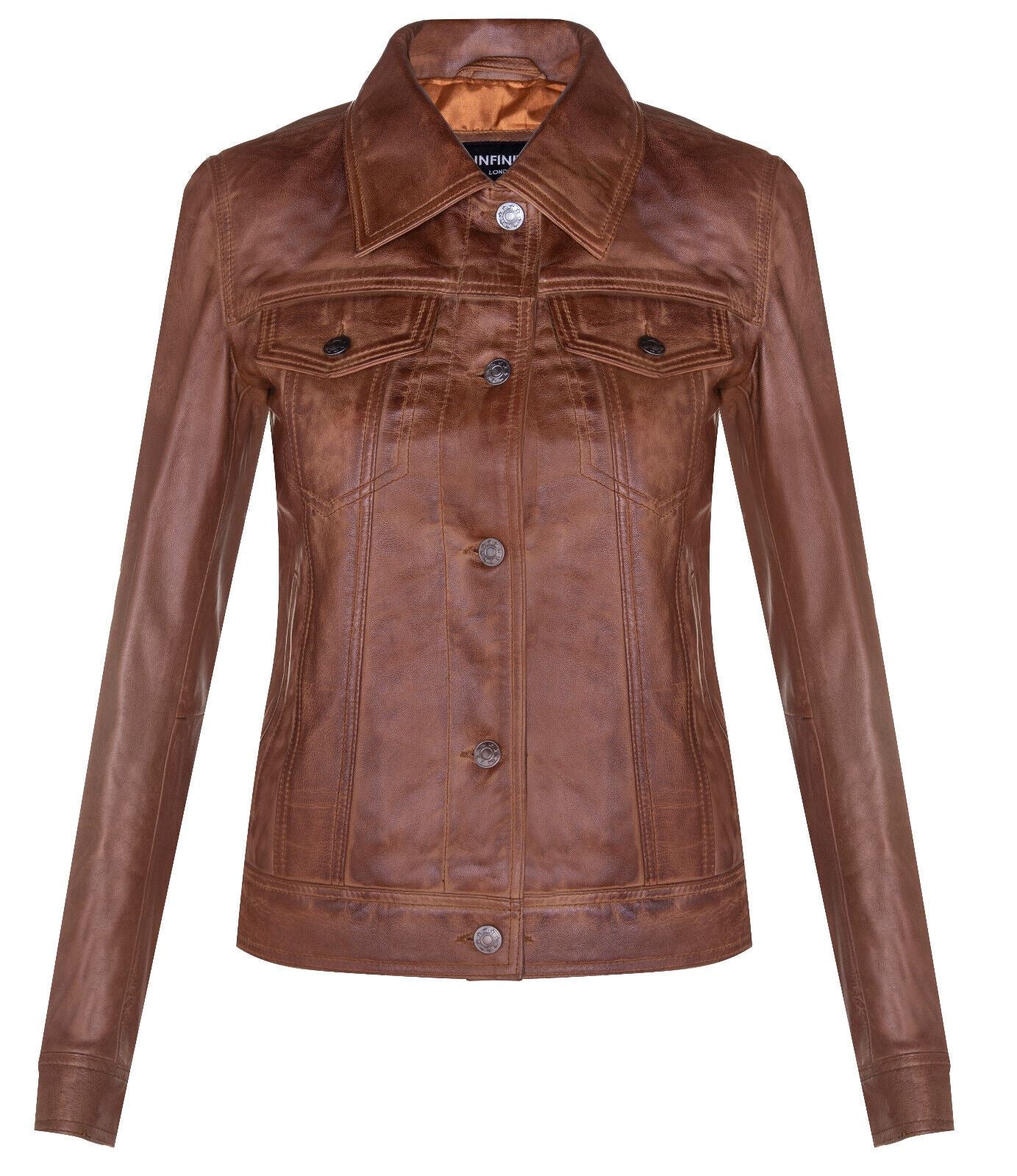 Womens Classic Leather Trucker Jeans Jacket-Nelson