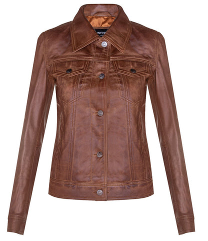 Womens Classic Leather Trucker Jeans Jacket-Nelson