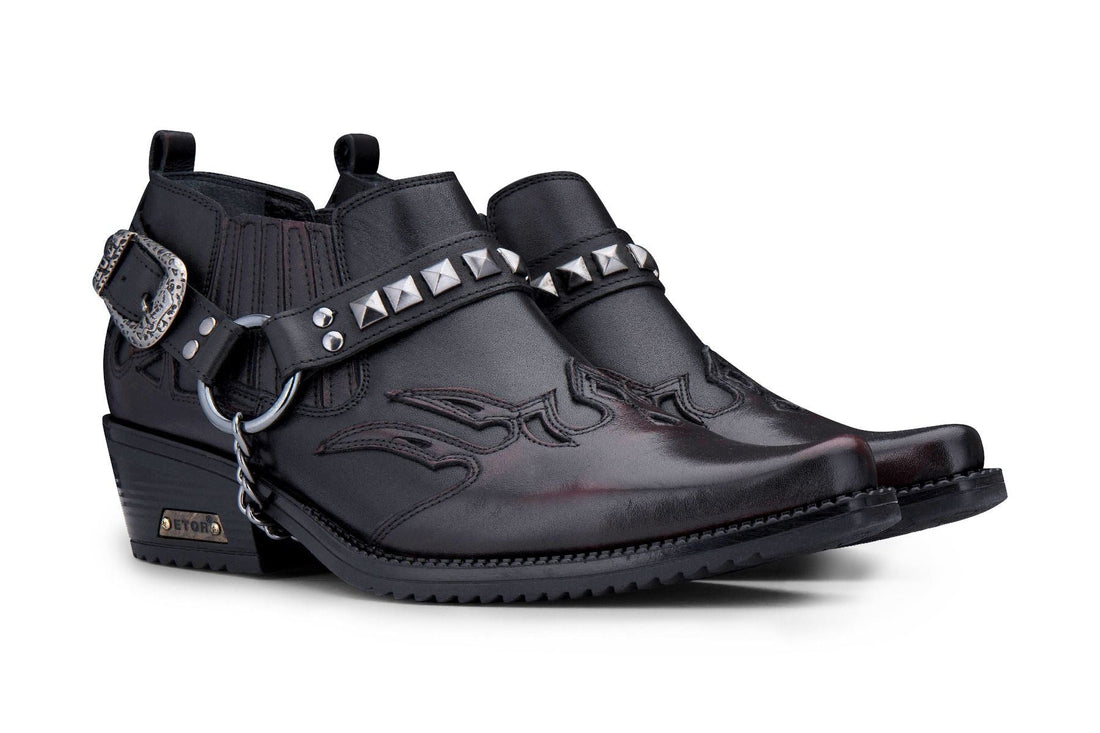 Men’S Black Leather Winklepicker Studded Western Biker Boots