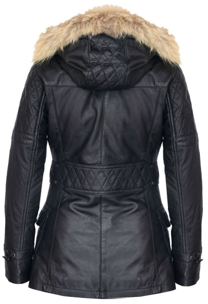 Womens Quilted Leather Hooded Parka Jacket-Northampton