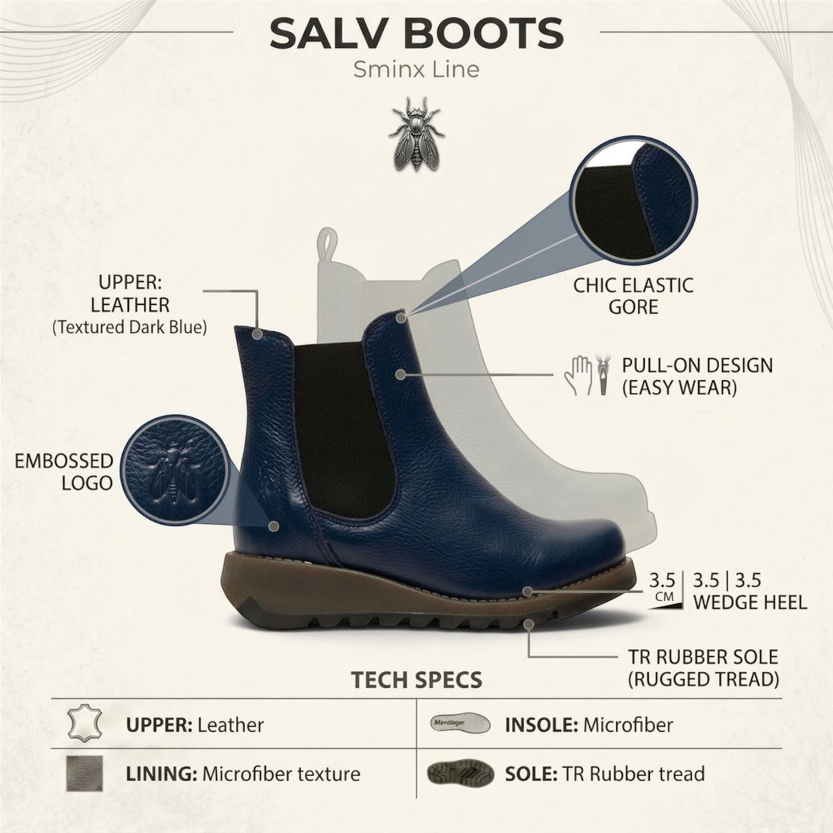 Fly London Womens Navy Chelsea Leather Ankle Boots - SALV195