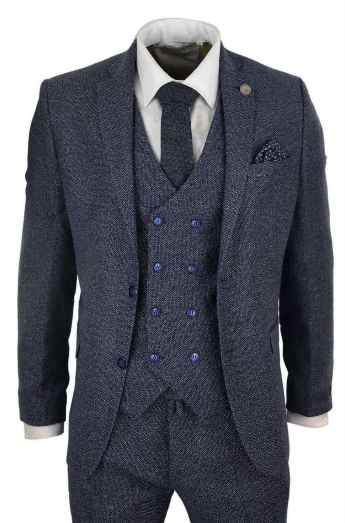 Mens Blue Wool 3 Piece Suit Double Breasted Waistcoat Tweed Peaky Blinders 1920s