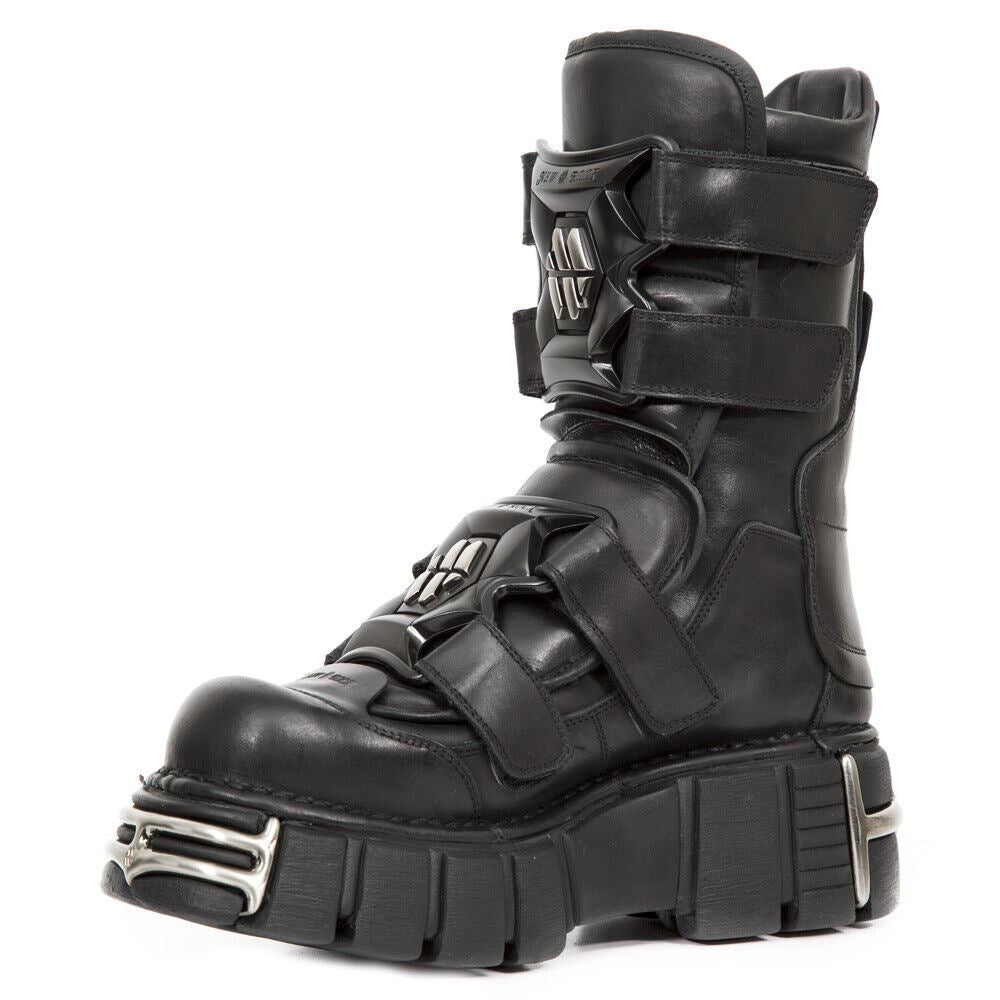 New Rock Punk Mid Calf Black Leather Boots-M-422-S1