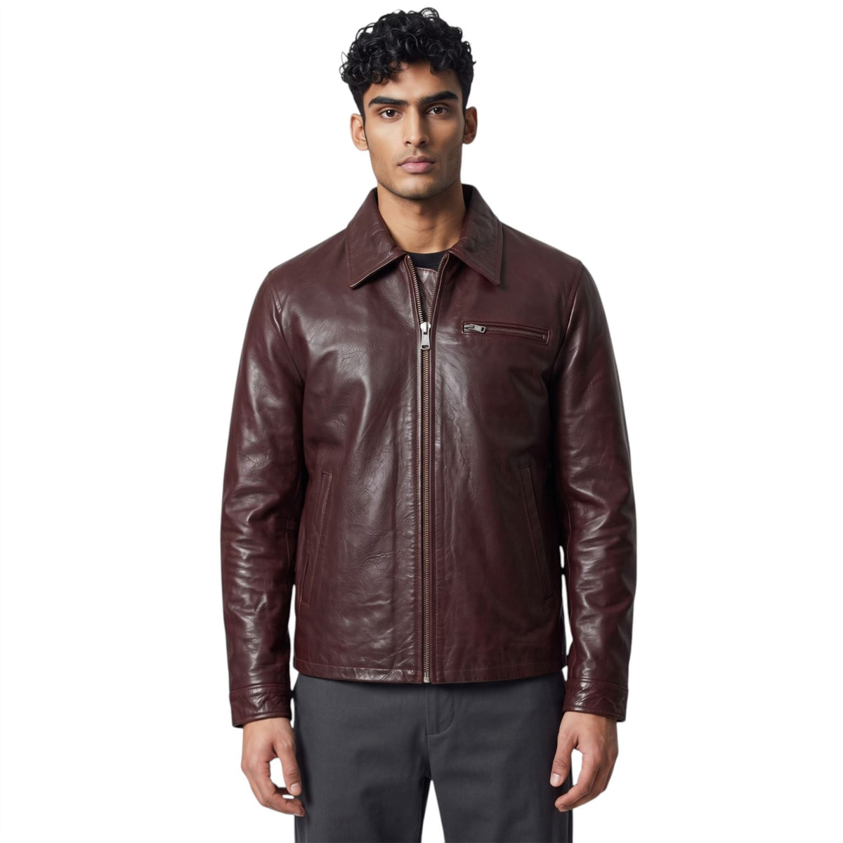 Mens Leather Harrington Collar Biker Jacket - Arick