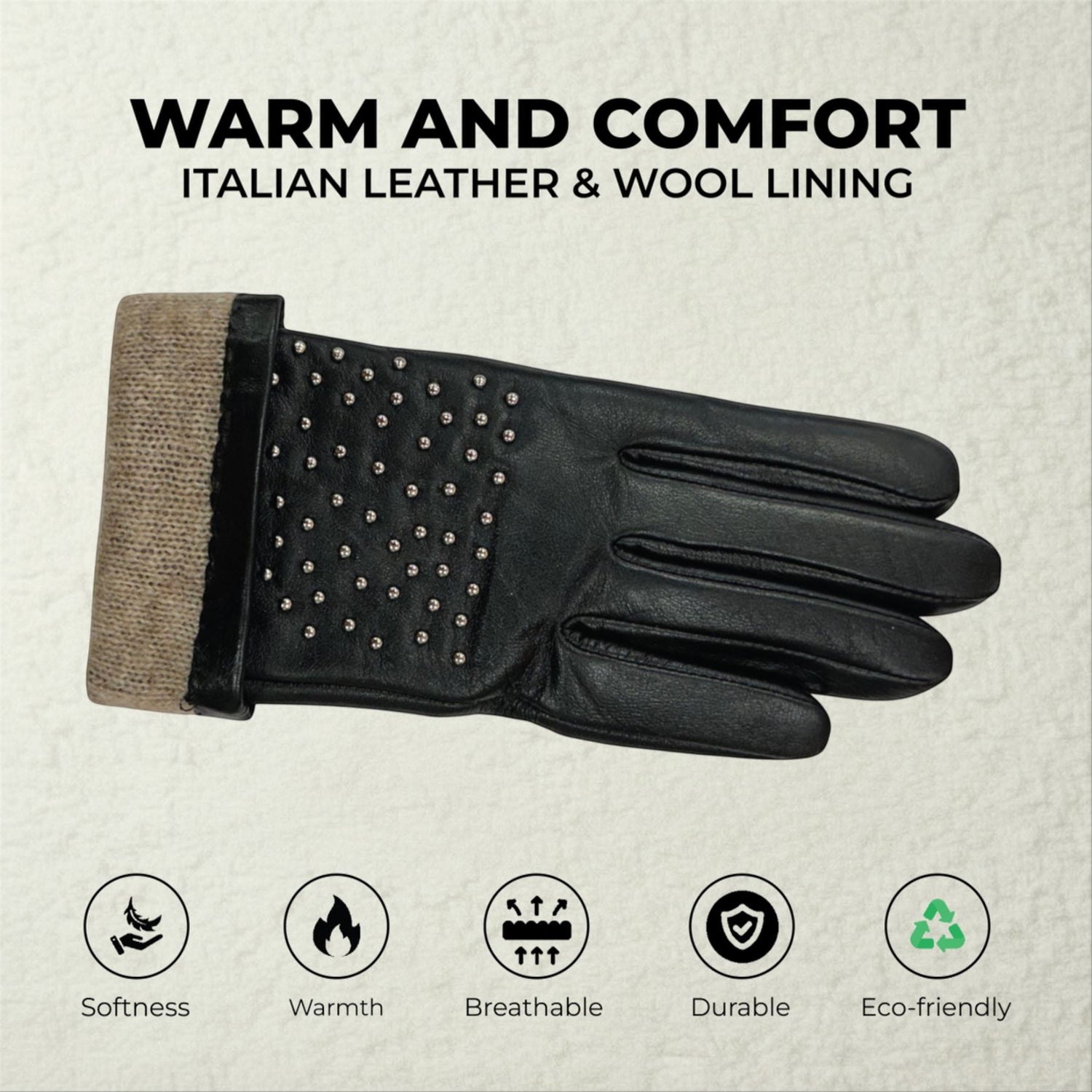 Womens Italian Leather Winter Studded Design Soft Wool Lining Gloves - L-GLV-601