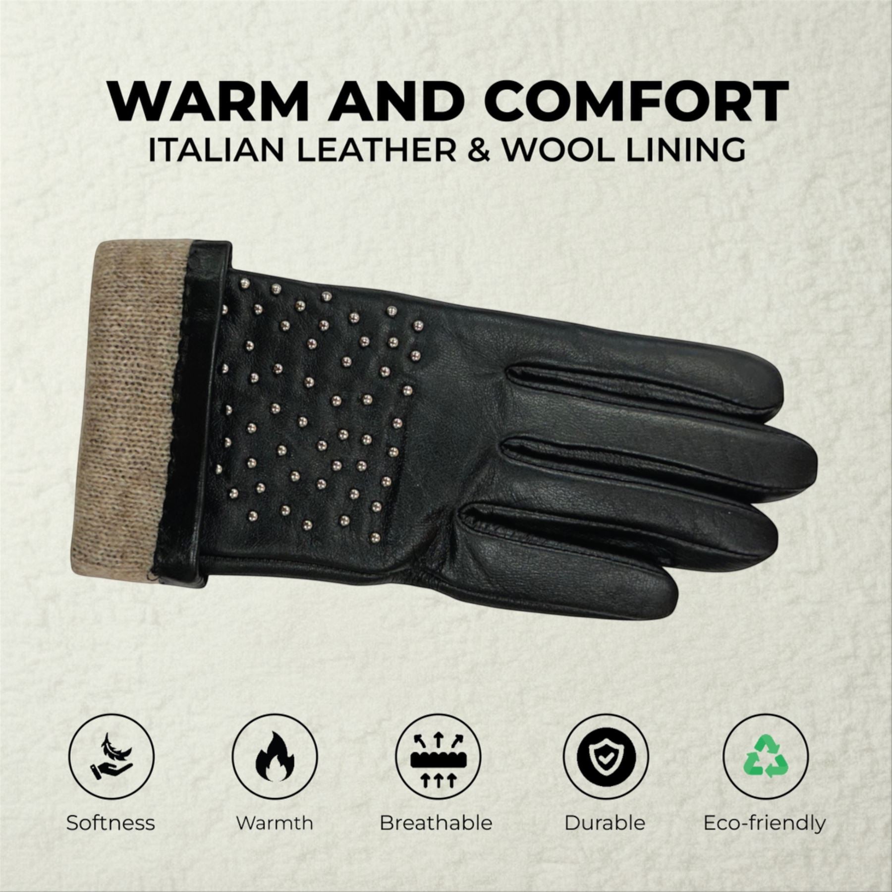 Womens Italian Leather Winter Studded Design Soft Wool Lining Gloves - L-GLV-601