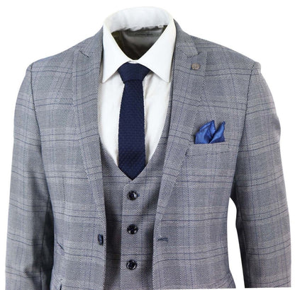 Mens 3 Piece Grey Birdseye Check Classic Suit - Upperclass Fashions 